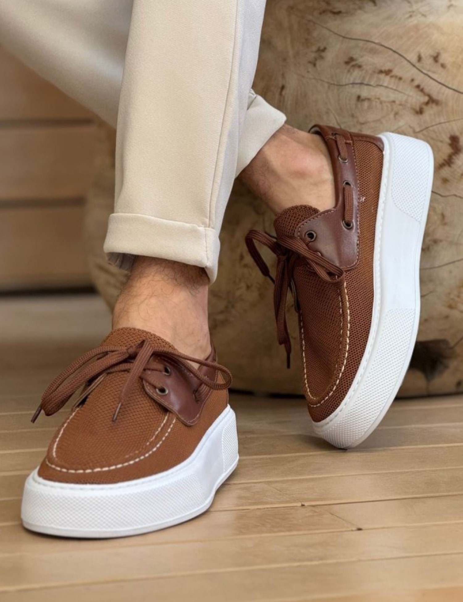 Ανδρικό ταμπά πλεκτά casual παπούτσι δερματίνη με κορδόνια CH2602